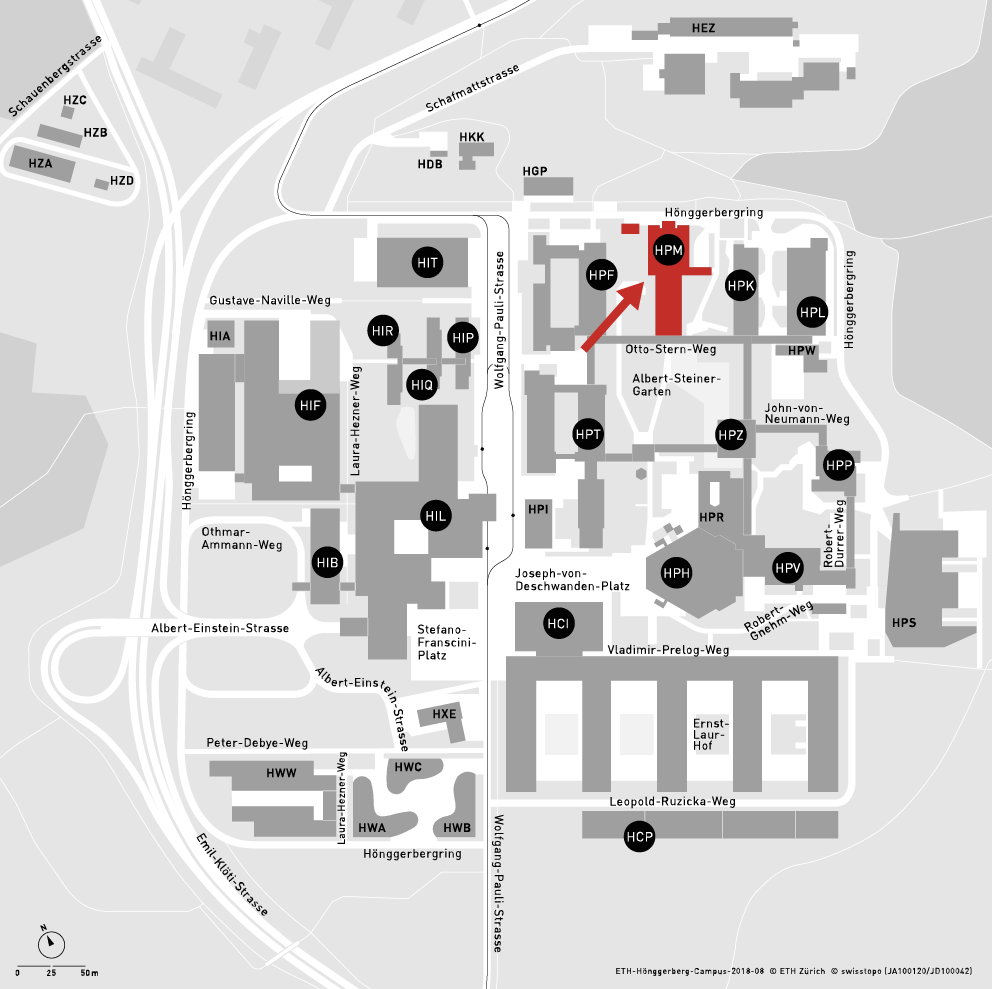 Enlarged view: Map of the ETH campus Hönggerberg showing the location of the HPM building, in which the CAL has its office in room E41.1.